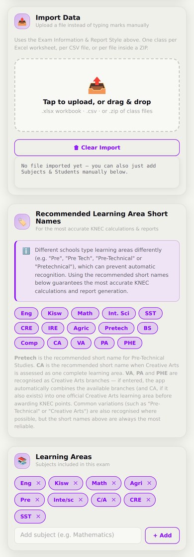 Import Data card, Recommended Learning Area Short Names guide, and Learning Areas chips